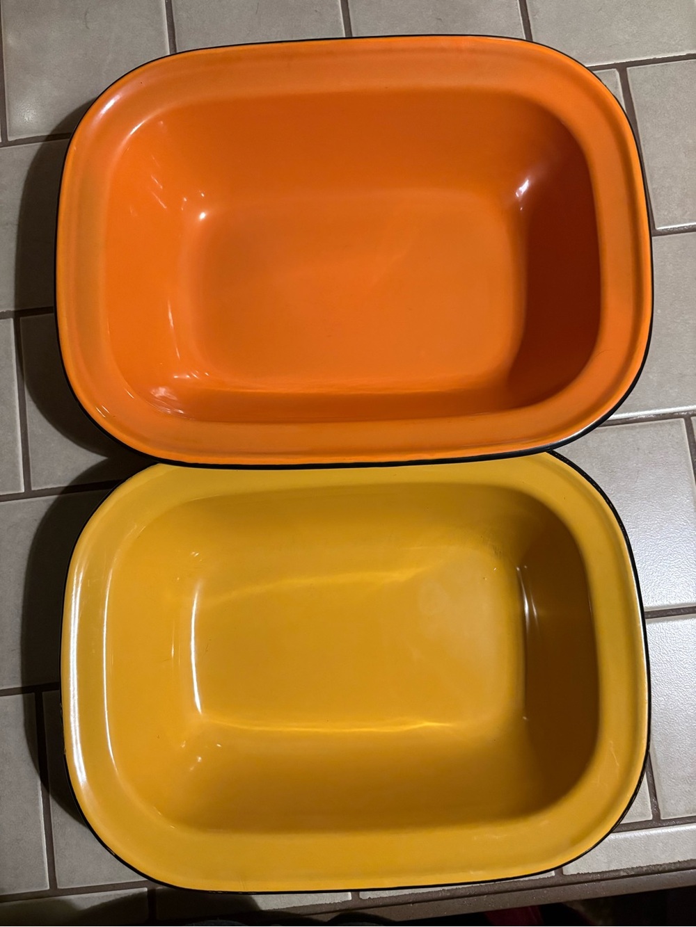 Vintage MCM Enamelware Bowls Set of 2 - Orange & Yellow Made in Hong Kong